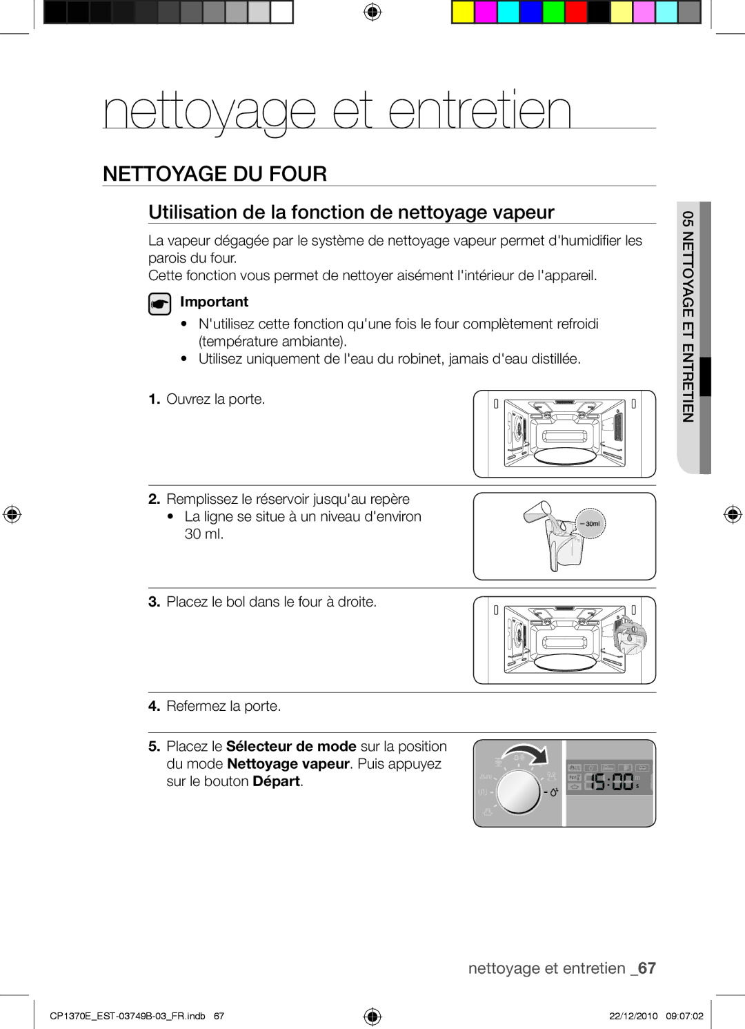 Samsung CP1370E-B/XEF manual Nettoyage du four, Utilisation de la fonction de nettoyage vapeur 