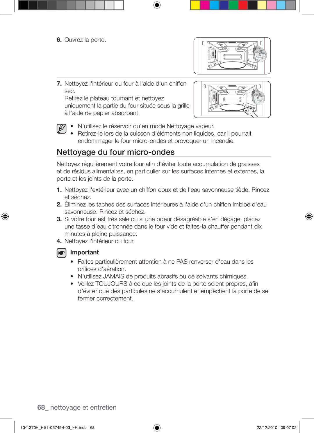 Samsung CP1370E-B/XEF manual Nettoyage du four micro-ondes 