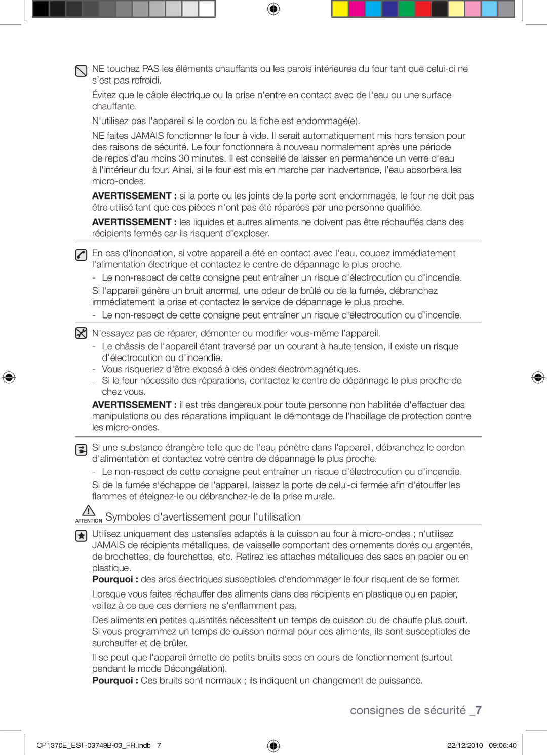 Samsung CP1370E-B/XEF manual Consignes de sécurité 