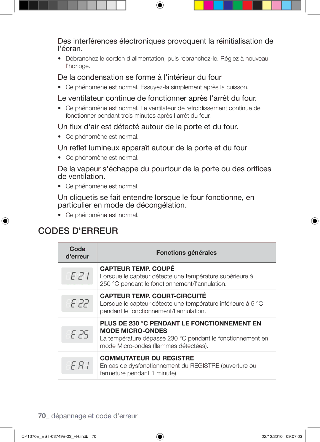 Samsung CP1370E-B/XEF manual Codes derreur, De la condensation se forme à lintérieur du four 