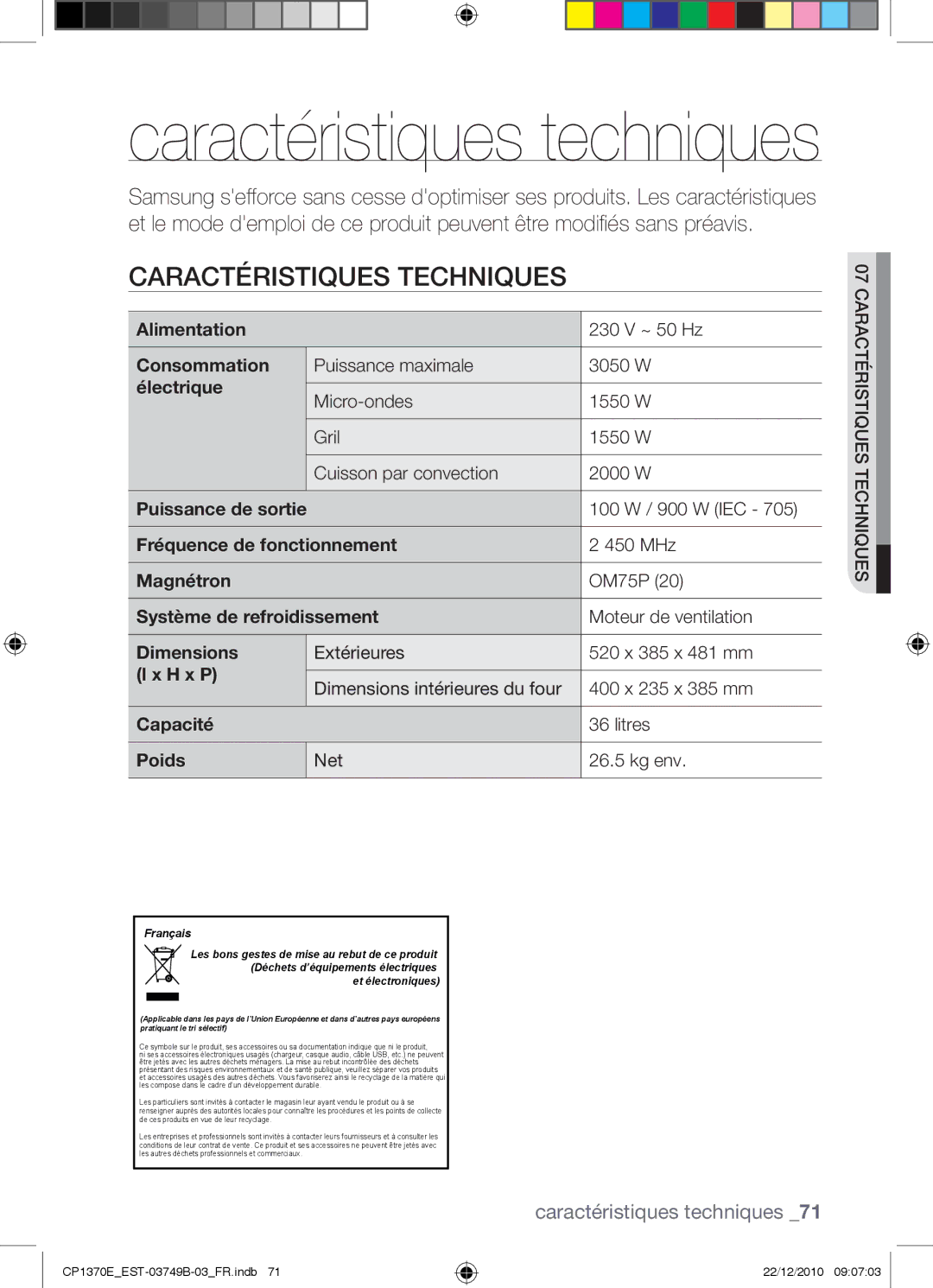 Samsung CP1370E-B/XEF manual Caractéristiques techniques 