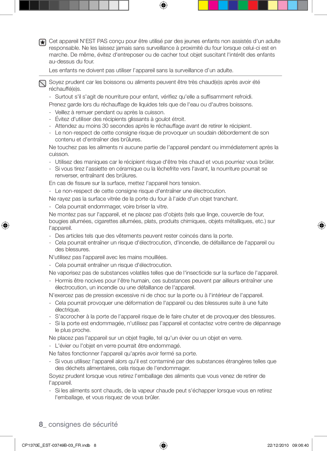 Samsung CP1370E-B/XEF manual Consignes de sécurité 