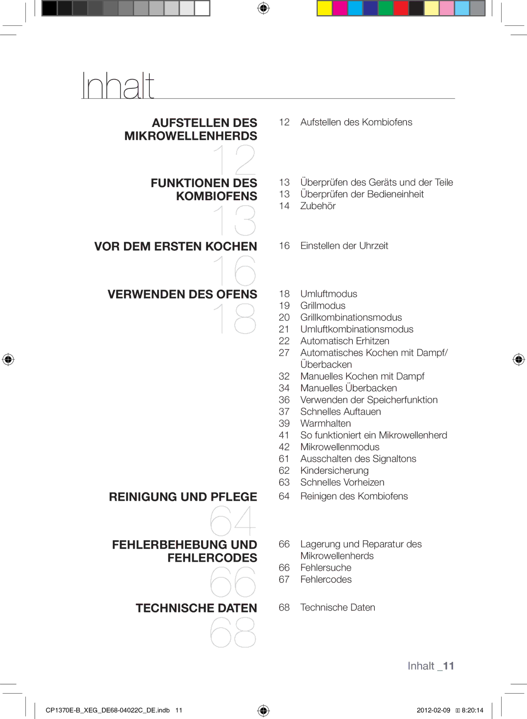 Samsung CP1370E-B/XEG manual Inhalt 