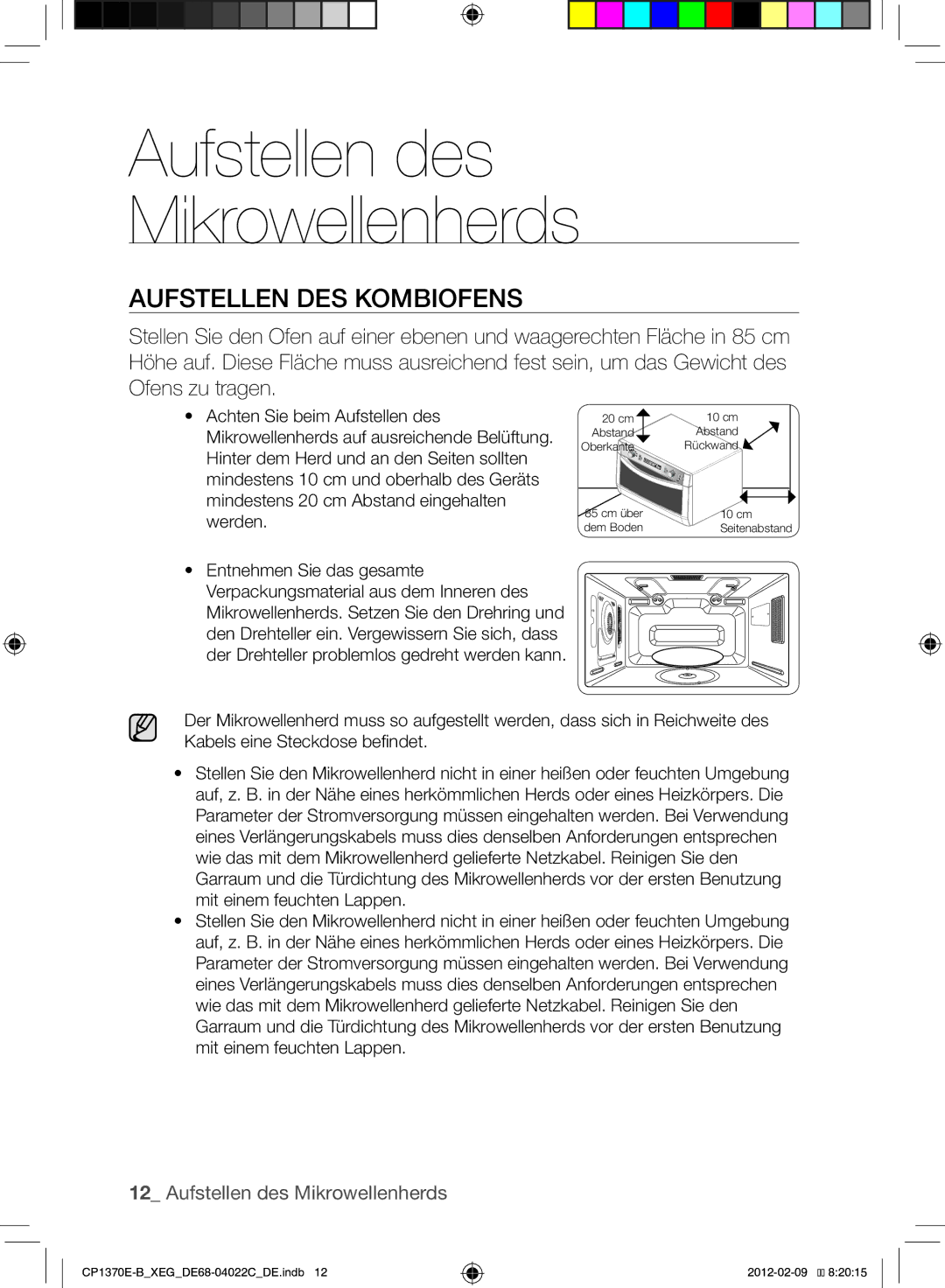 Samsung CP1370E-B/XEG manual Aufstellen des Mikrowellenherds, Aufstellen des Kombiofens 