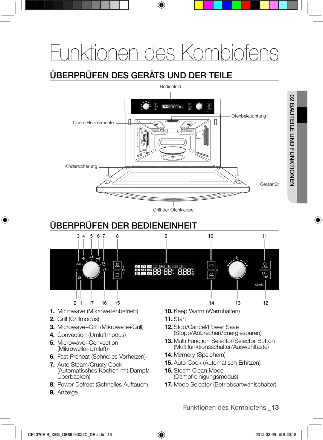 Samsung CP1370E-B/XEG manual Überprüfen des Geräts und der Teile, Überprüfen der Bedieneinheit, UndFunktionen 02Bauteile 