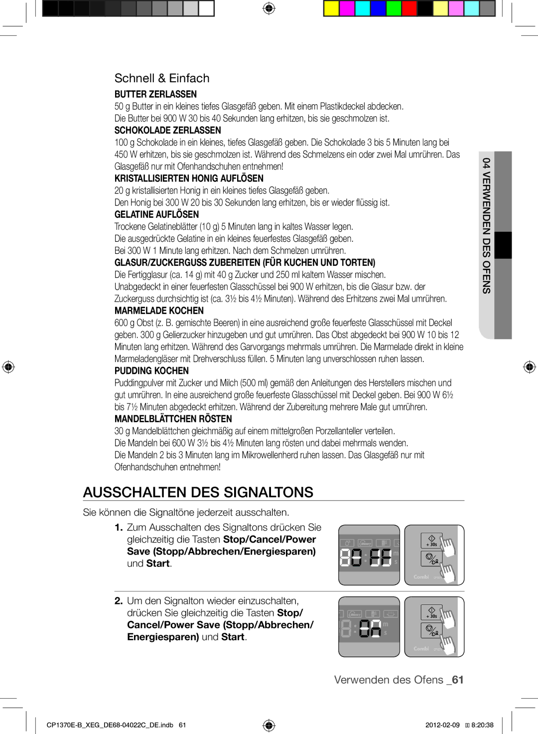 Samsung CP1370E-B/XEG manual Ausschalten des Signaltons, Schnell & Einfach, Save Stopp/Abbrechen/Energiesparen und Start 