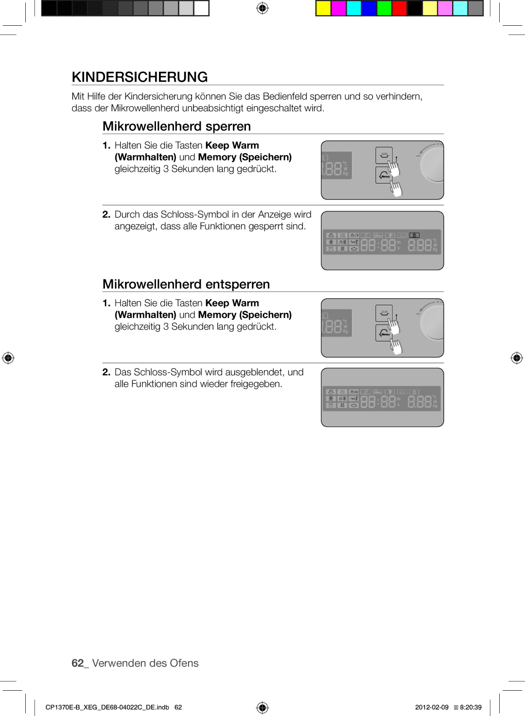 Samsung CP1370E-B/XEG manual Kindersicherung, Mikrowellenherd sperren, Mikrowellenherd entsperren 