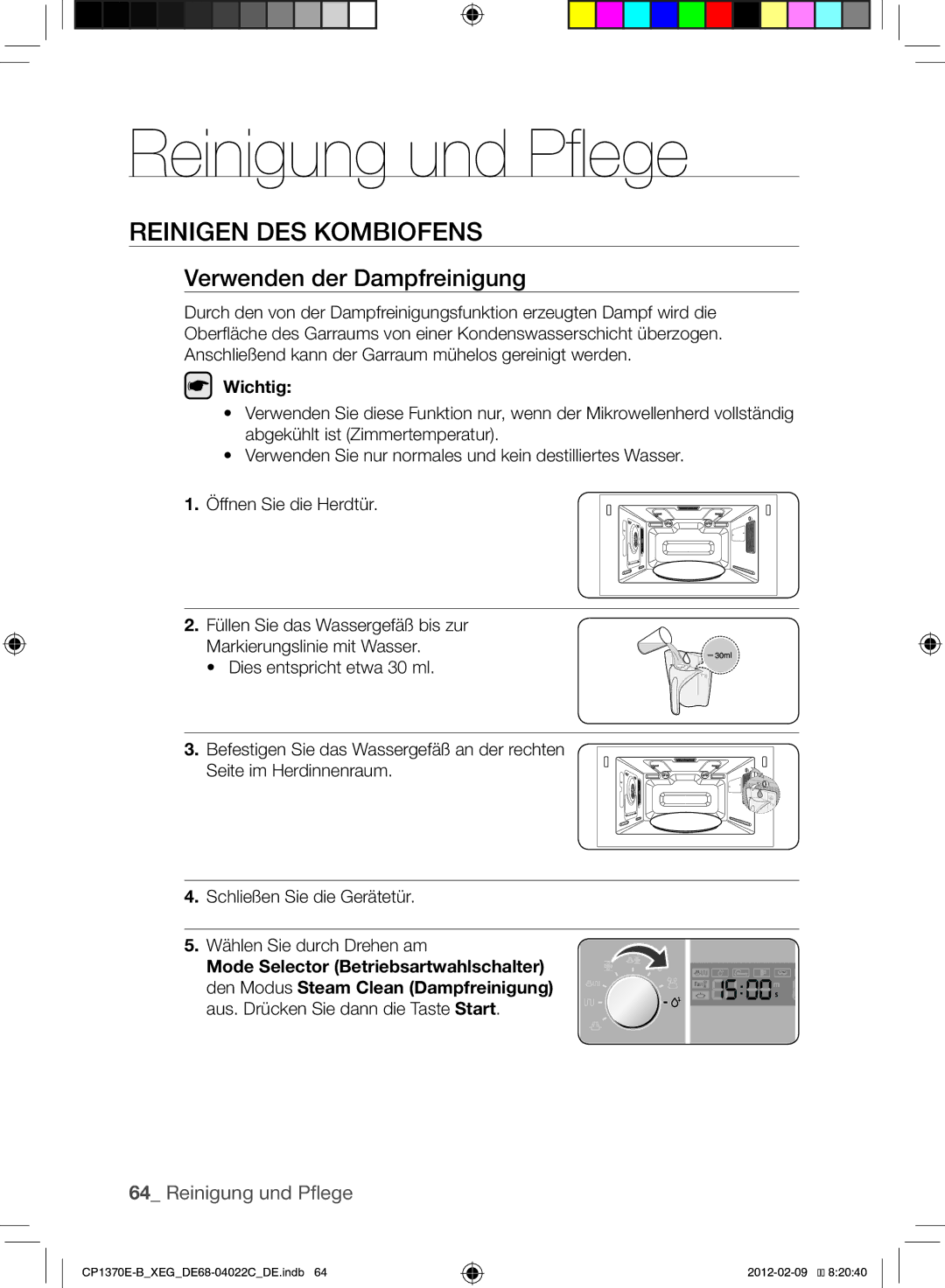 Samsung CP1370E-B/XEG manual Reinigen des Kombiofens, Verwenden der Dampfreinigung 