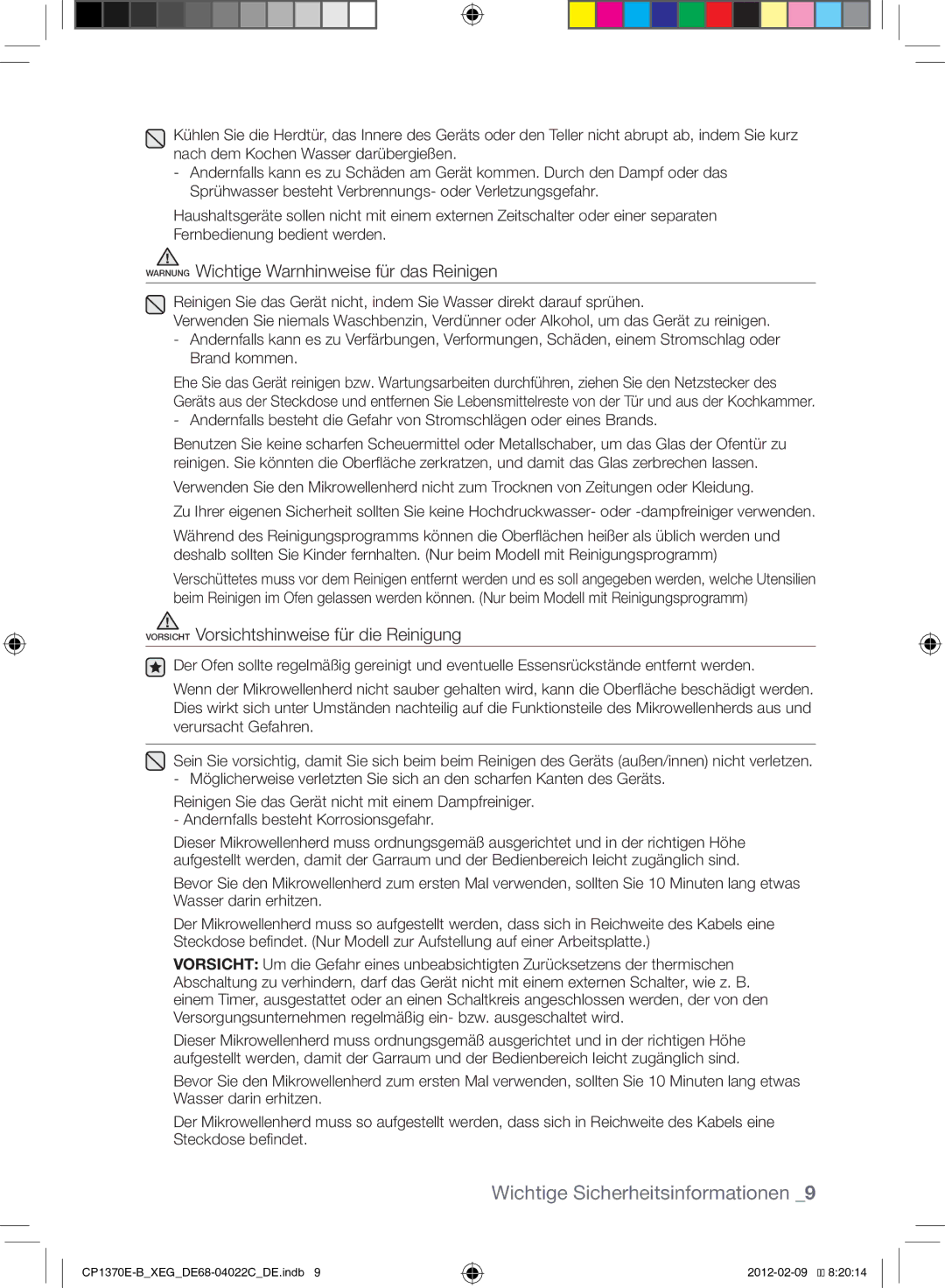Samsung CP1370E-B/XEG manual Warnung Wichtige Warnhinweise für das Reinigen 