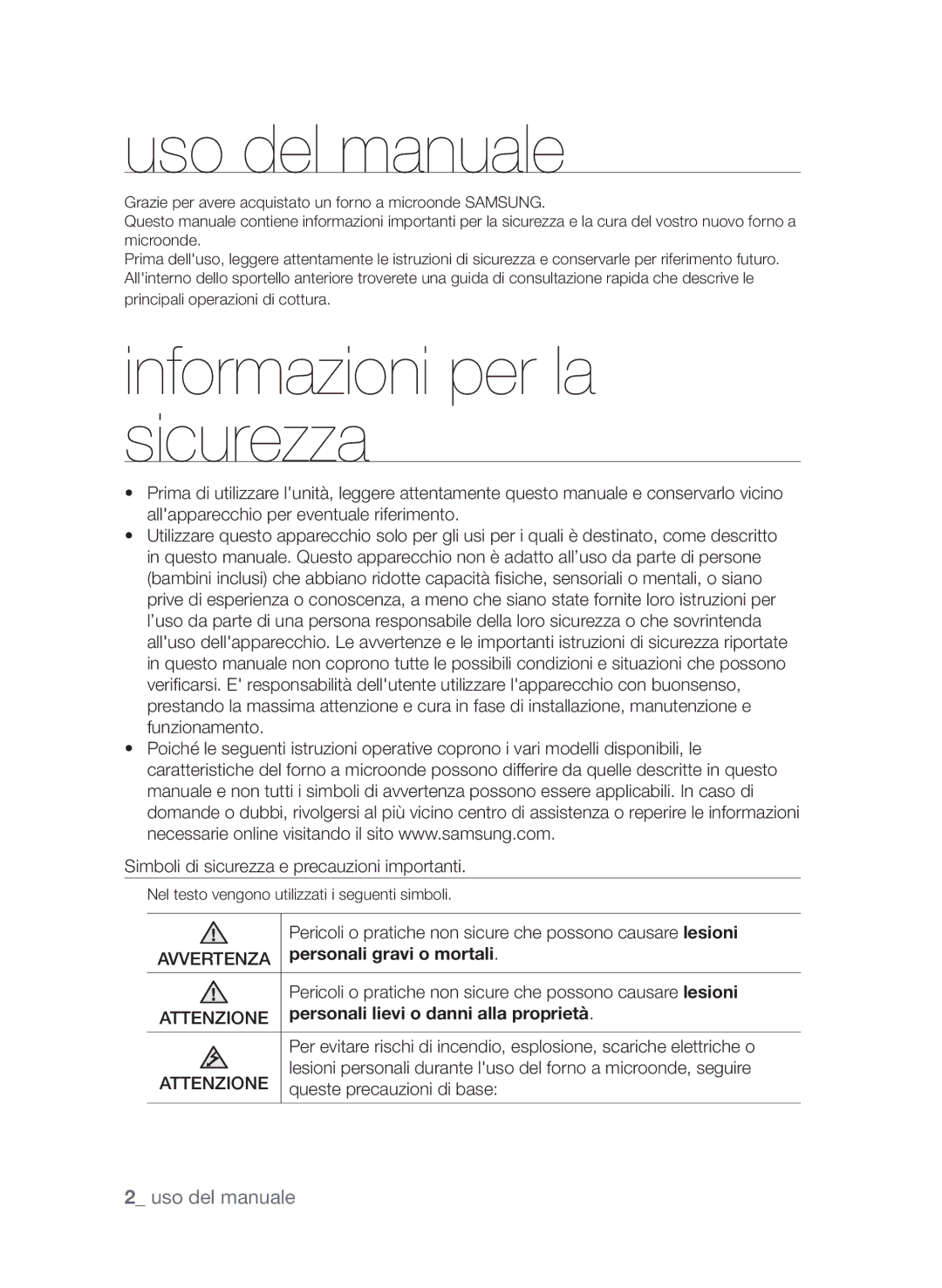 Samsung CP1370E-S/XET, CP1370E-W/XET Uso del manuale, Informazioni per la sicurezza, Personali gravi o mortali 