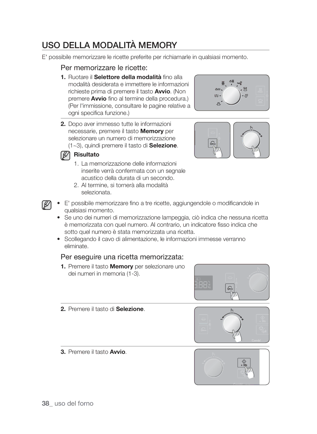 Samsung CP1370E-S/XET manual Uso della modalità Memory, Per memorizzare le ricette, Per eseguire una ricetta memorizzata 