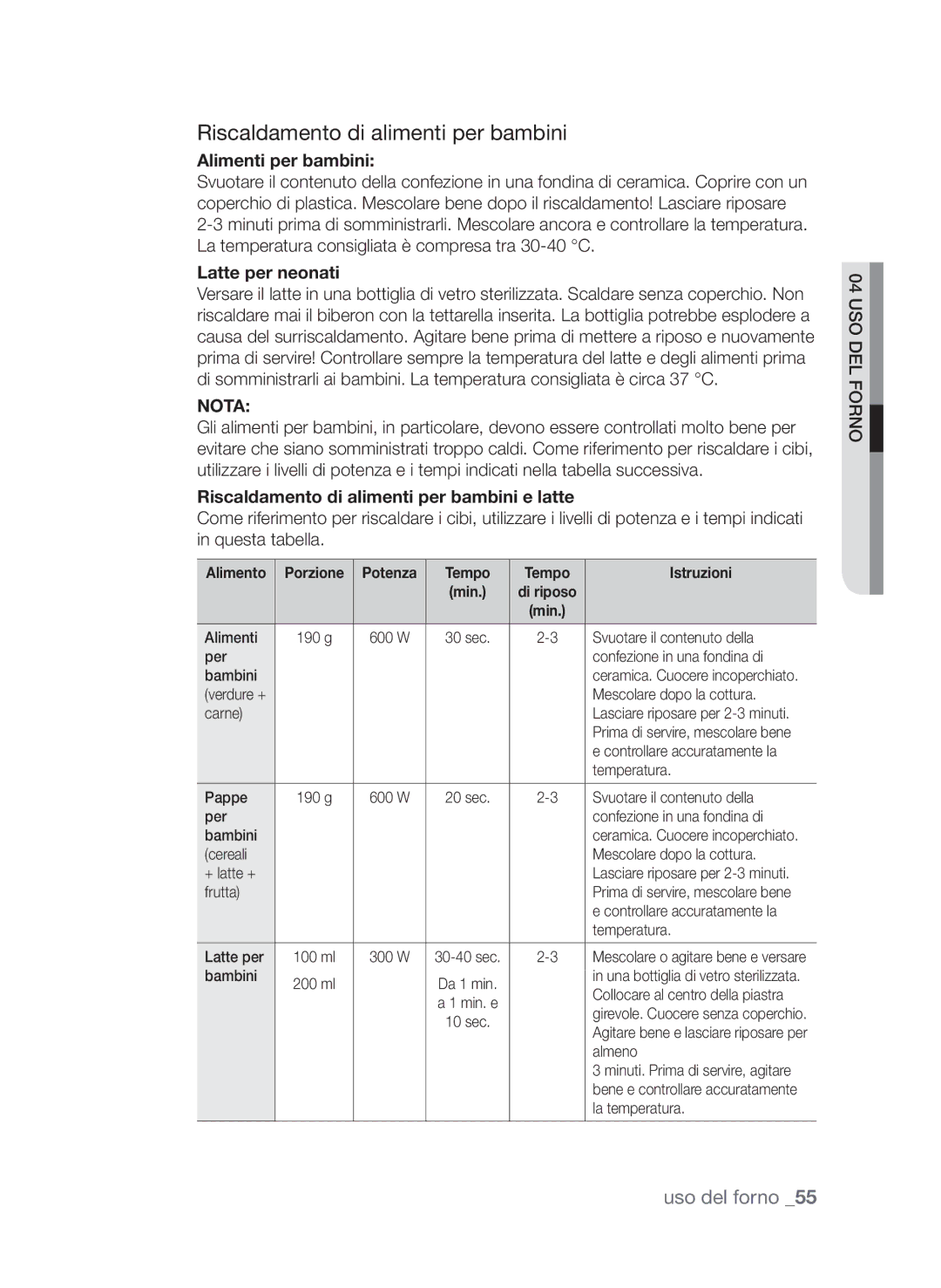 Samsung CP1370E-W/XET, CP1370E-S/XET manual Riscaldamento di alimenti per bambini, Alimenti per bambini, Latte per neonati 