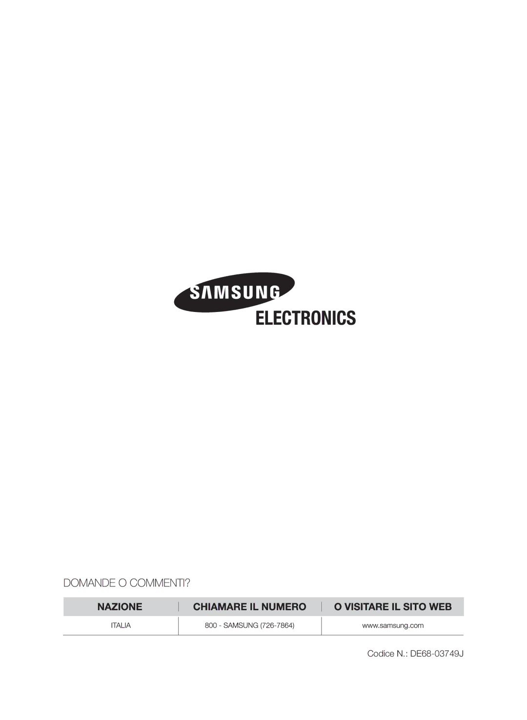 Samsung CP1370E-S/XET, CP1370E-W/XET manual Codice N. DE68-03749J 