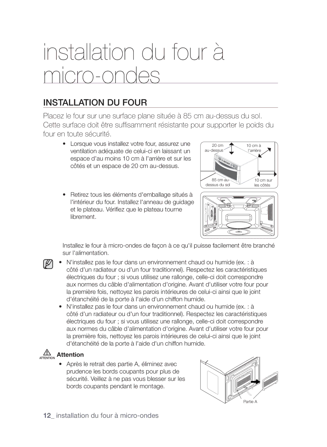 Samsung CP1370EST/XEF manual Installation du four à micro-ondes 