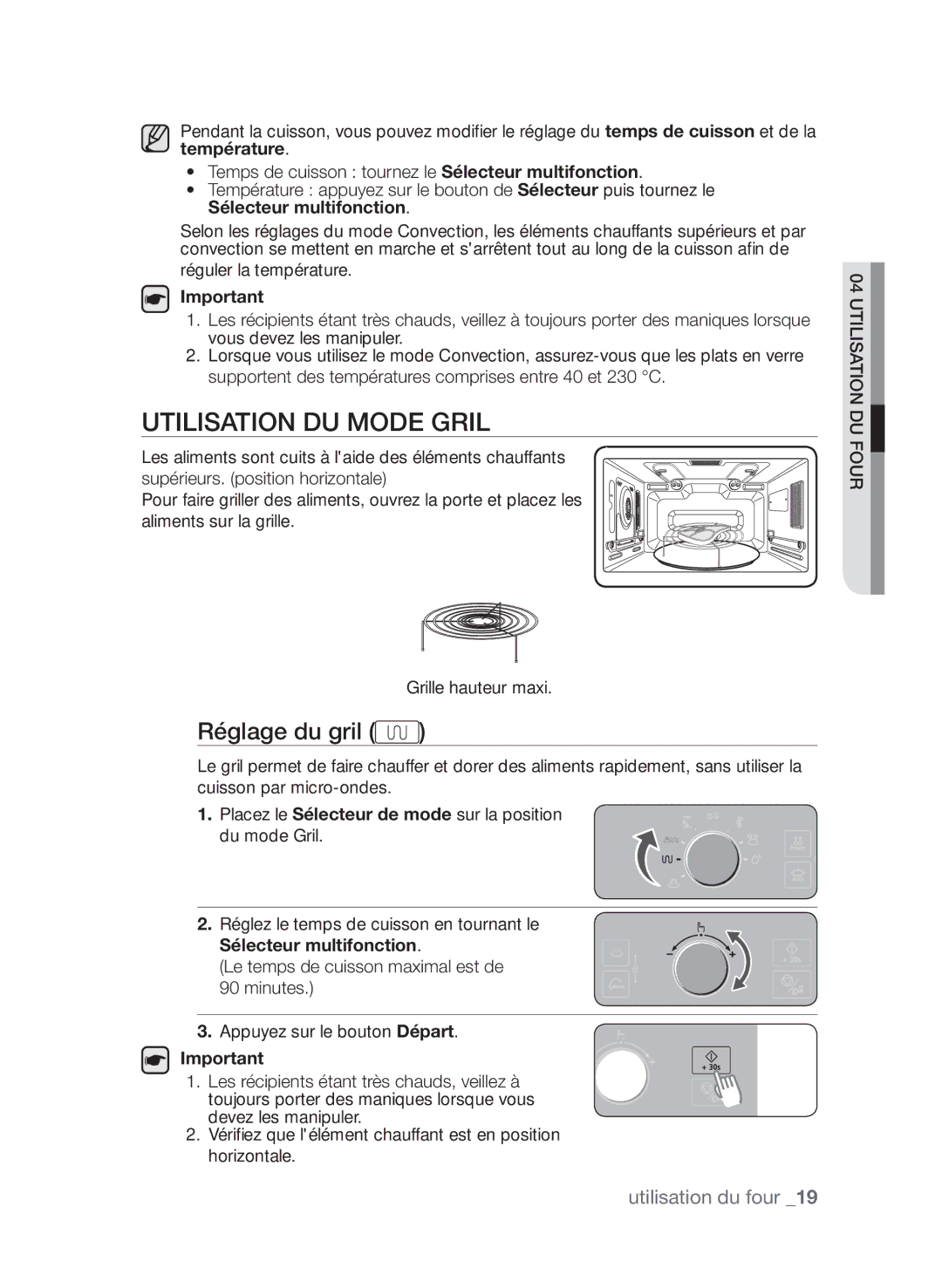 Samsung CP1370EST/XEF Utilisation du mode gril, Réglage du gril, Placez le Sélecteur de mode sur la position du mode Gril 