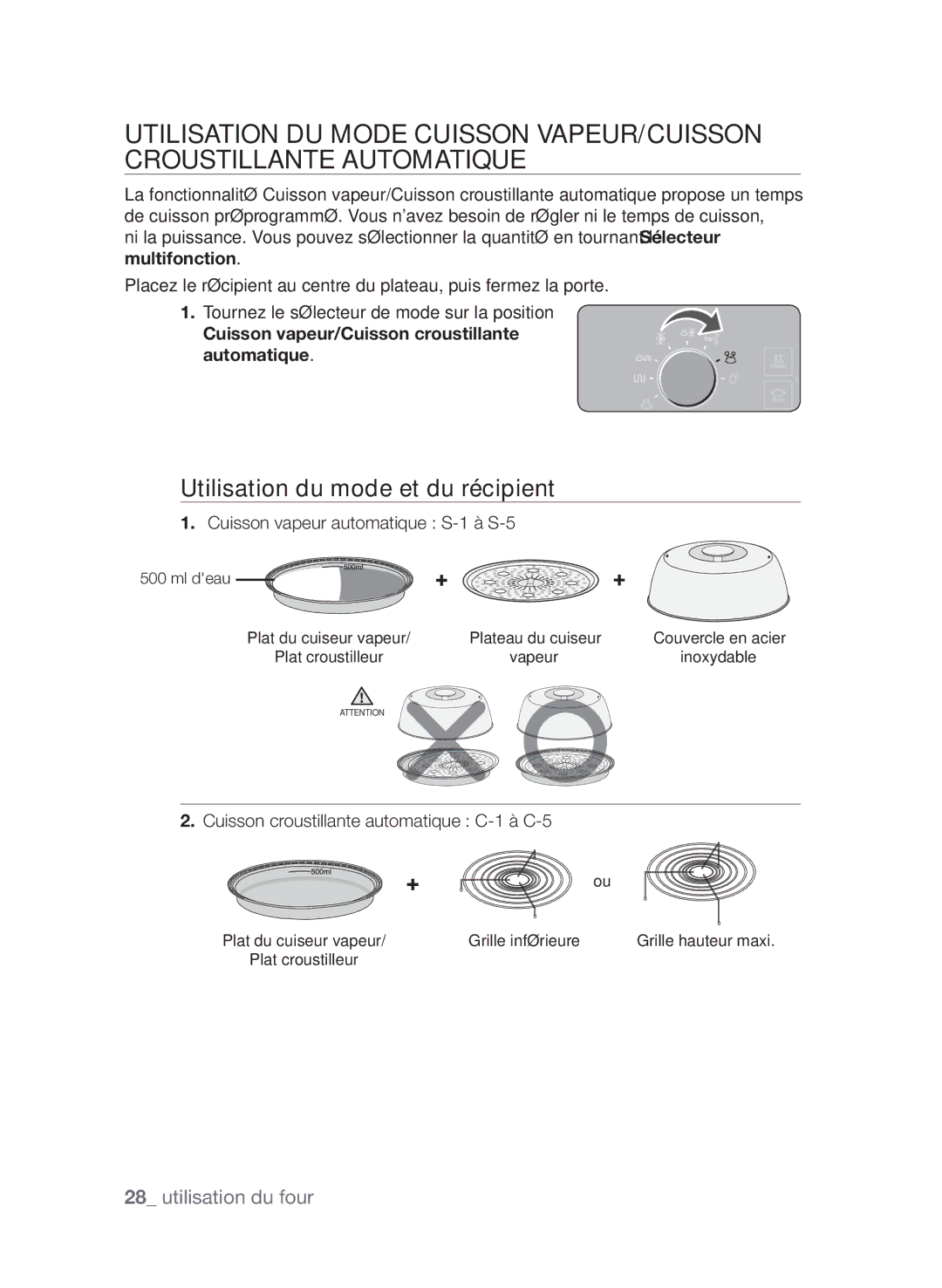 Samsung CP1370EST/XEF manual Utilisation du mode et du récipient, Cuisson vapeur/Cuisson croustillante automatique, Ml deau 