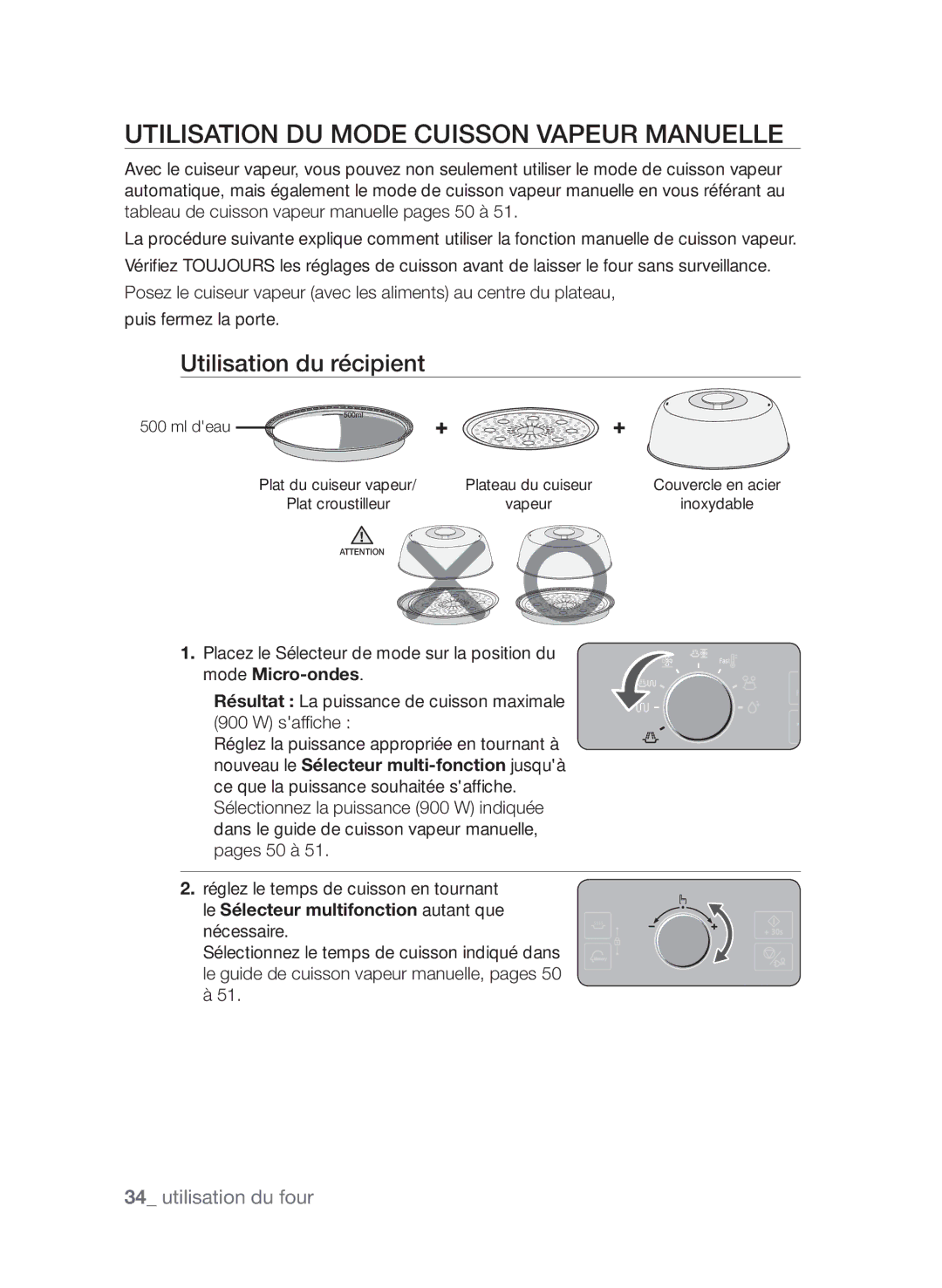 Samsung CP1370EST/XEF manual Utilisation du mode cuisson vapeur manuelle, Utilisation du récipient 