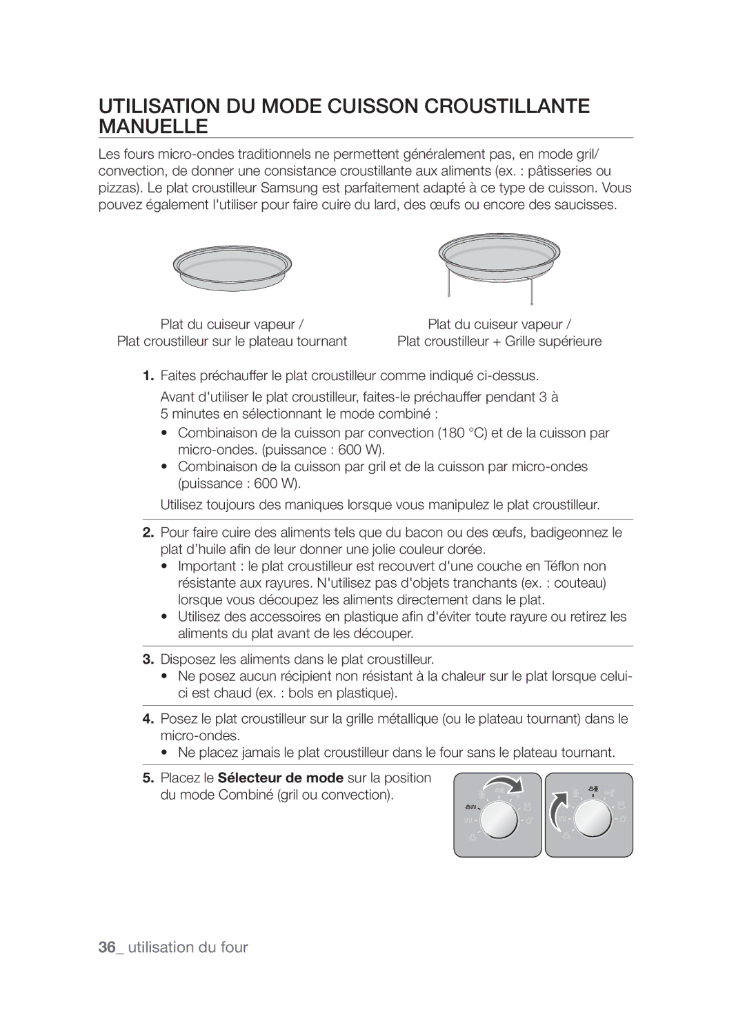 Samsung CP1370EST/XEF manual Utilisation du mode cuisson croustillante manuelle 