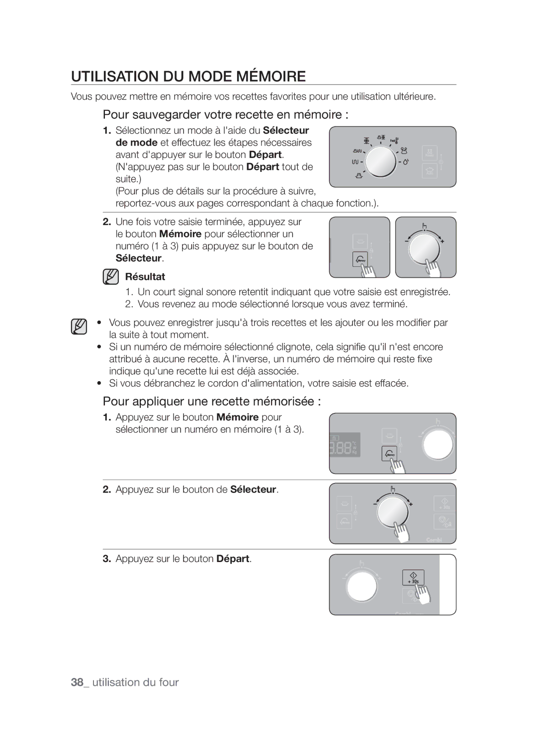 Samsung CP1370EST/XEF manual Utilisation du mode mémoire, Pour sauvegarder votre recette en mémoire, Résultat 