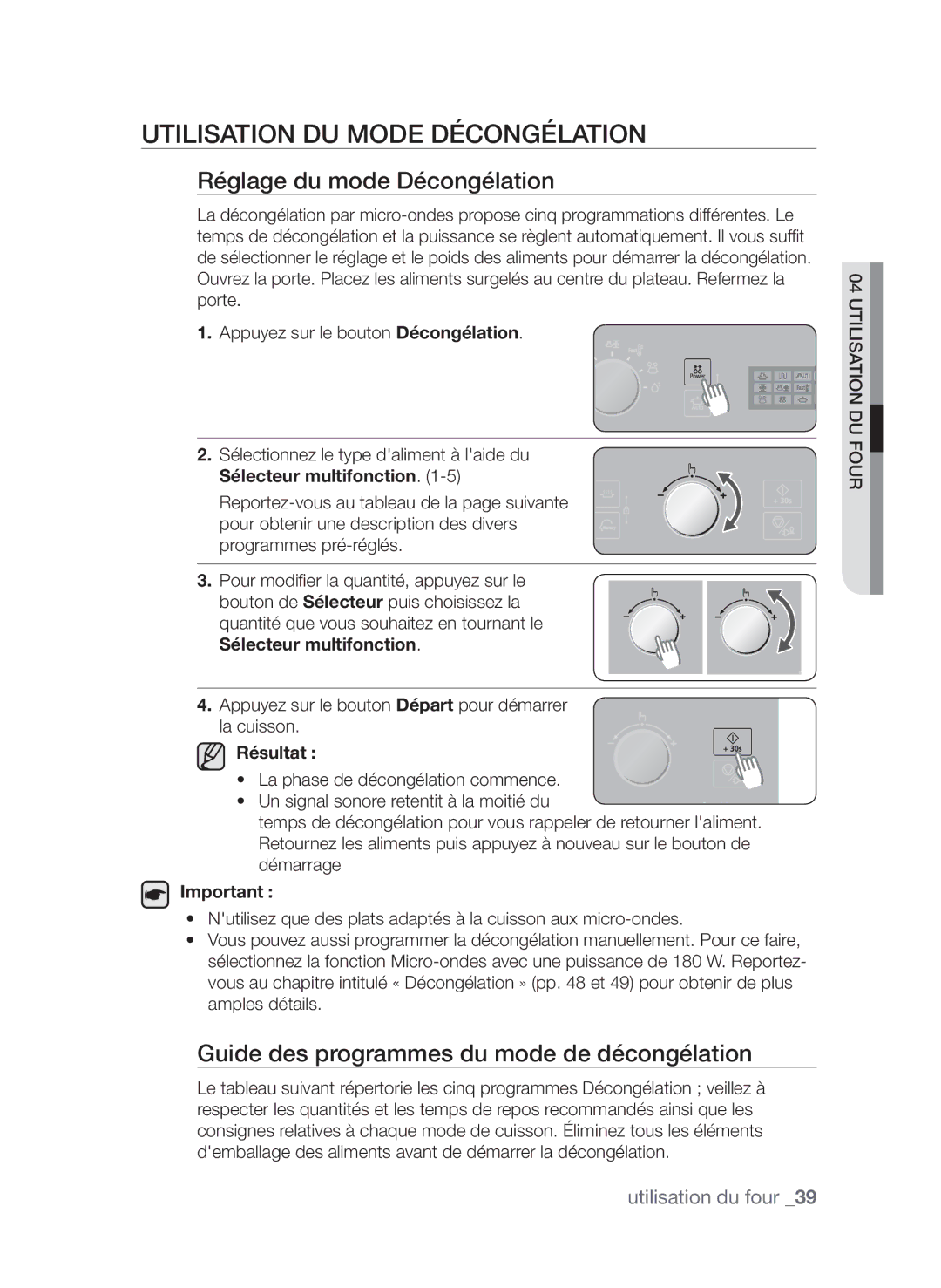 Samsung CP1370EST/XEF manual Utilisation du mode décongélation, Réglage du mode Décongélation 