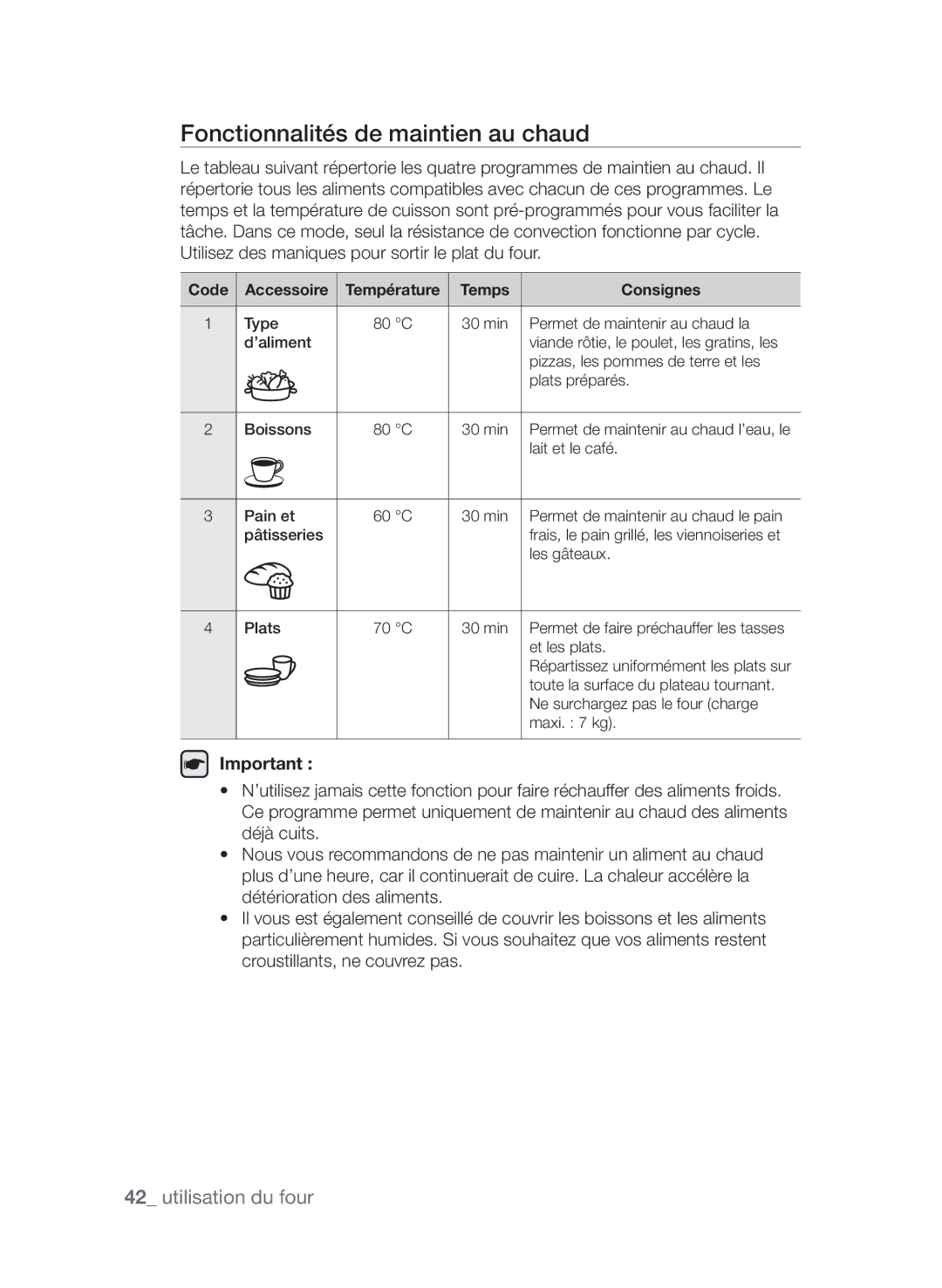 Samsung CP1370EST/XEF manual Fonctionnalités de maintien au chaud, Accessoire, Temps Consignes 