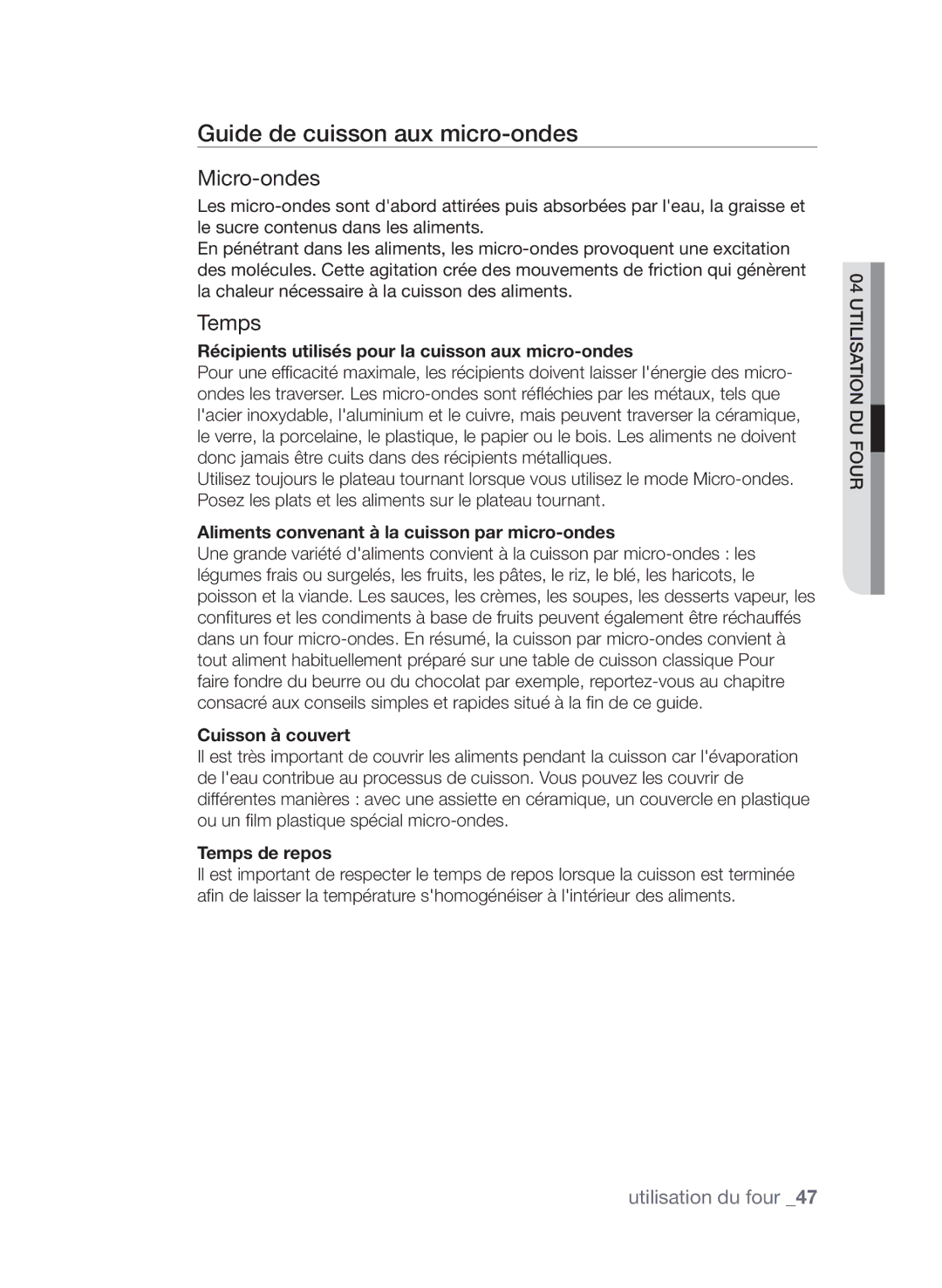 Samsung CP1370EST/XEF manual Guide de cuisson aux micro-ondes, Micro-ondes, Temps 