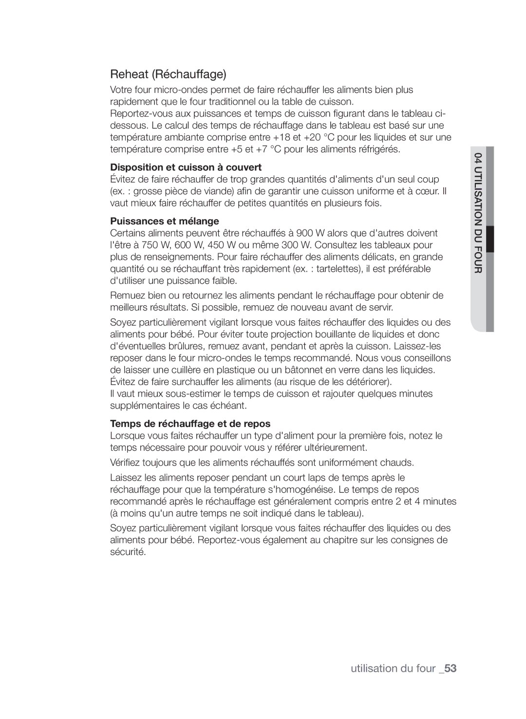 Samsung CP1370EST/XEF manual Reheat Réchauffage, Disposition et cuisson à couvert, Puissances et mélange 