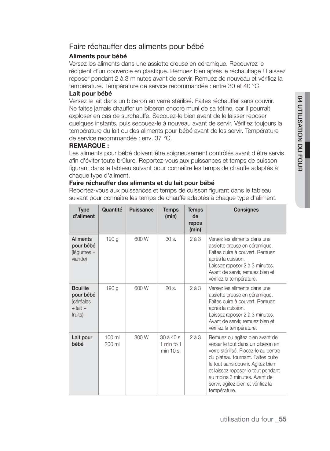 Samsung CP1370EST/XEF manual Faire réchauffer des aliments pour bébé, Aliments pour bébé, Lait pour bébé 