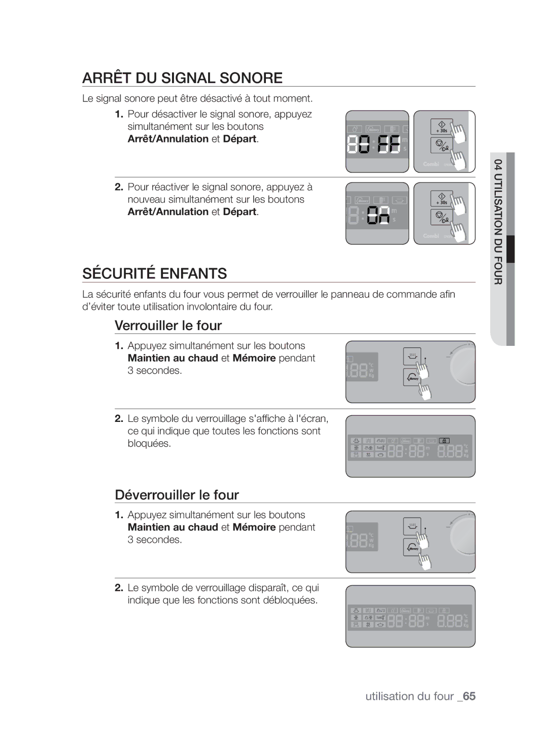 Samsung CP1370EST/XEF manual Arrêt du signal sonore, Sécurité enfants, Verrouiller le four, Déverrouiller le four 