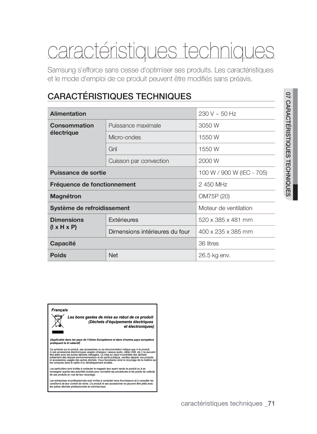 Samsung CP1370EST/XEF manual Caractéristiques techniques 