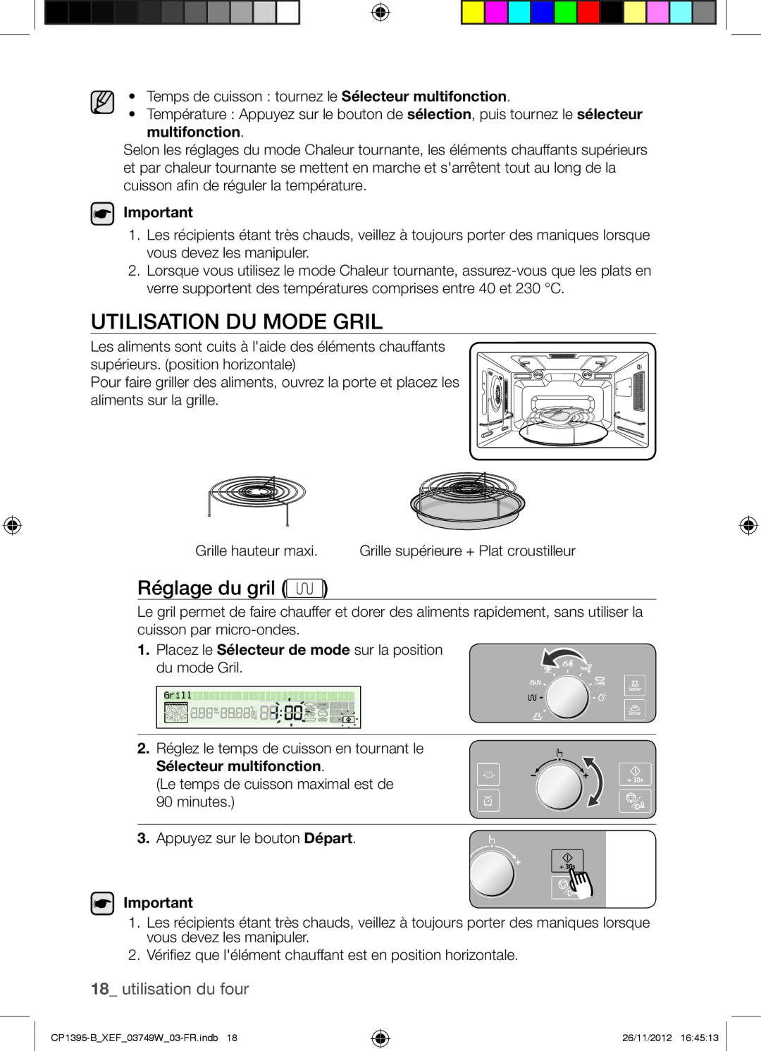 Samsung CP1395-B/XEF manual Utilisation DU Mode Gril, Réglage du gril 