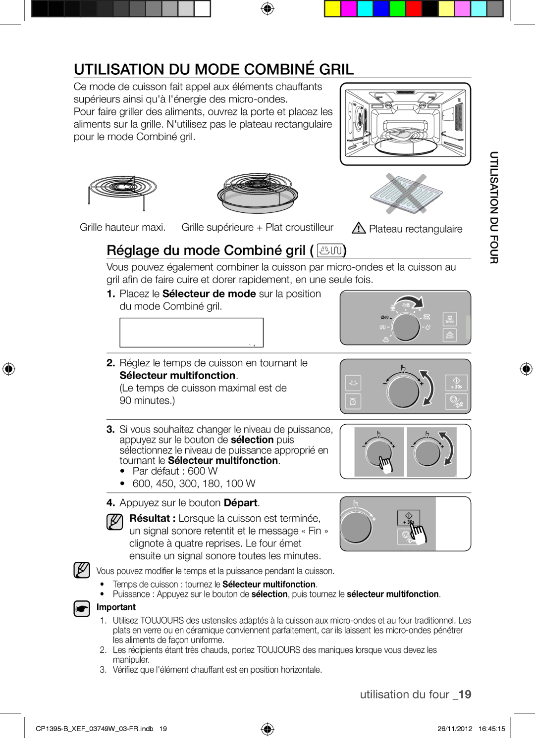 Samsung CP1395-B/XEF manual Utilisation DU Mode Combiné Gril, Réglage du mode Combiné gril, Sélecteur multifonction 