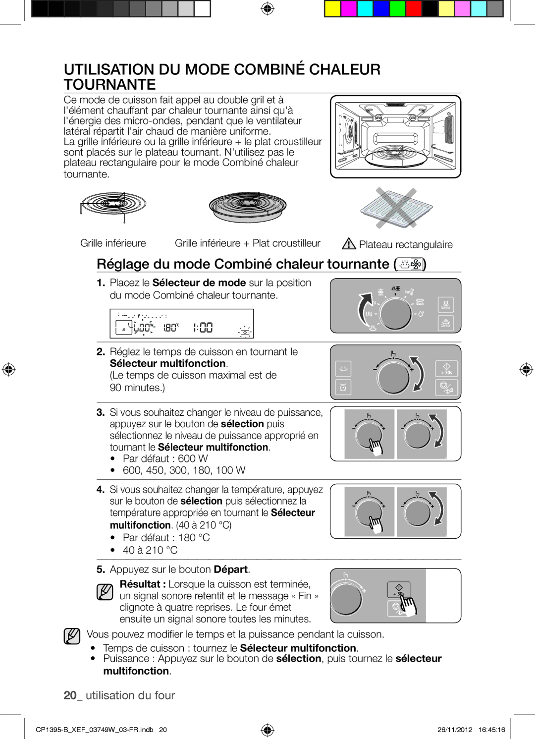 Samsung CP1395-B/XEF manual Utilisation DU Mode Combiné Chaleur Tournante, Réglage du mode Combiné chaleur tournante 