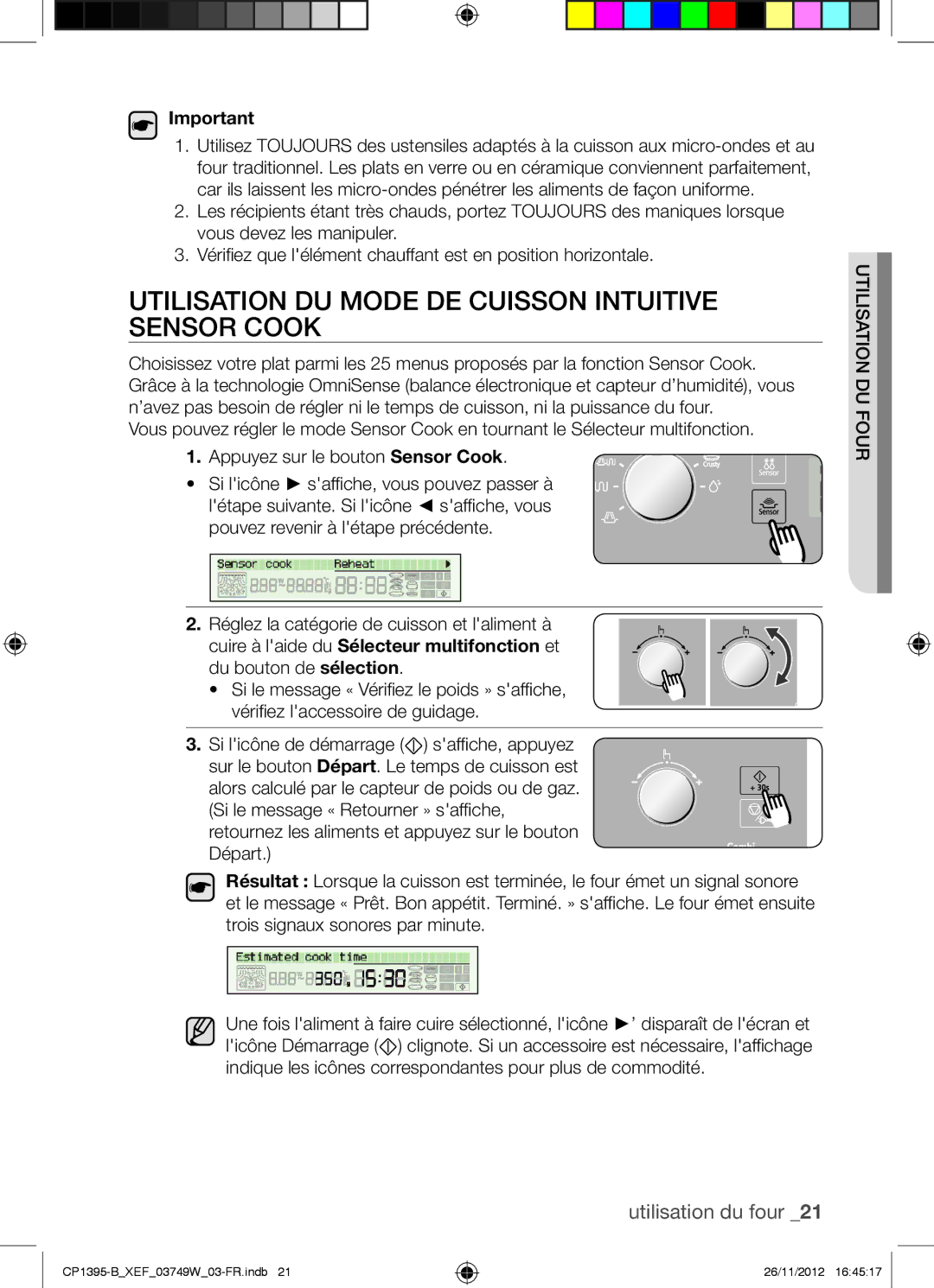 Samsung CP1395-B/XEF manual Utilisation DU Mode DE Cuisson Intuitive Sensor Cook 