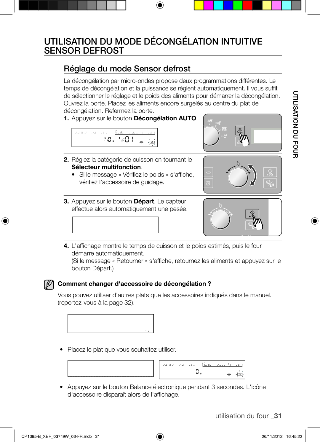 Samsung CP1395-B/XEF manual Utilisation DU Mode Décongélation Intuitive Sensor Defrost, Réglage du mode Sensor defrost 