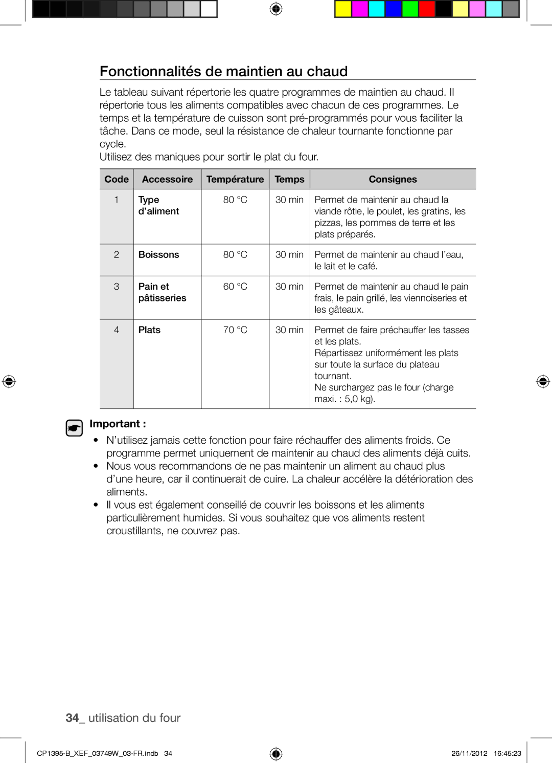 Samsung CP1395-B/XEF manual Fonctionnalités de maintien au chaud, Code Accessoire, Temps Consignes 