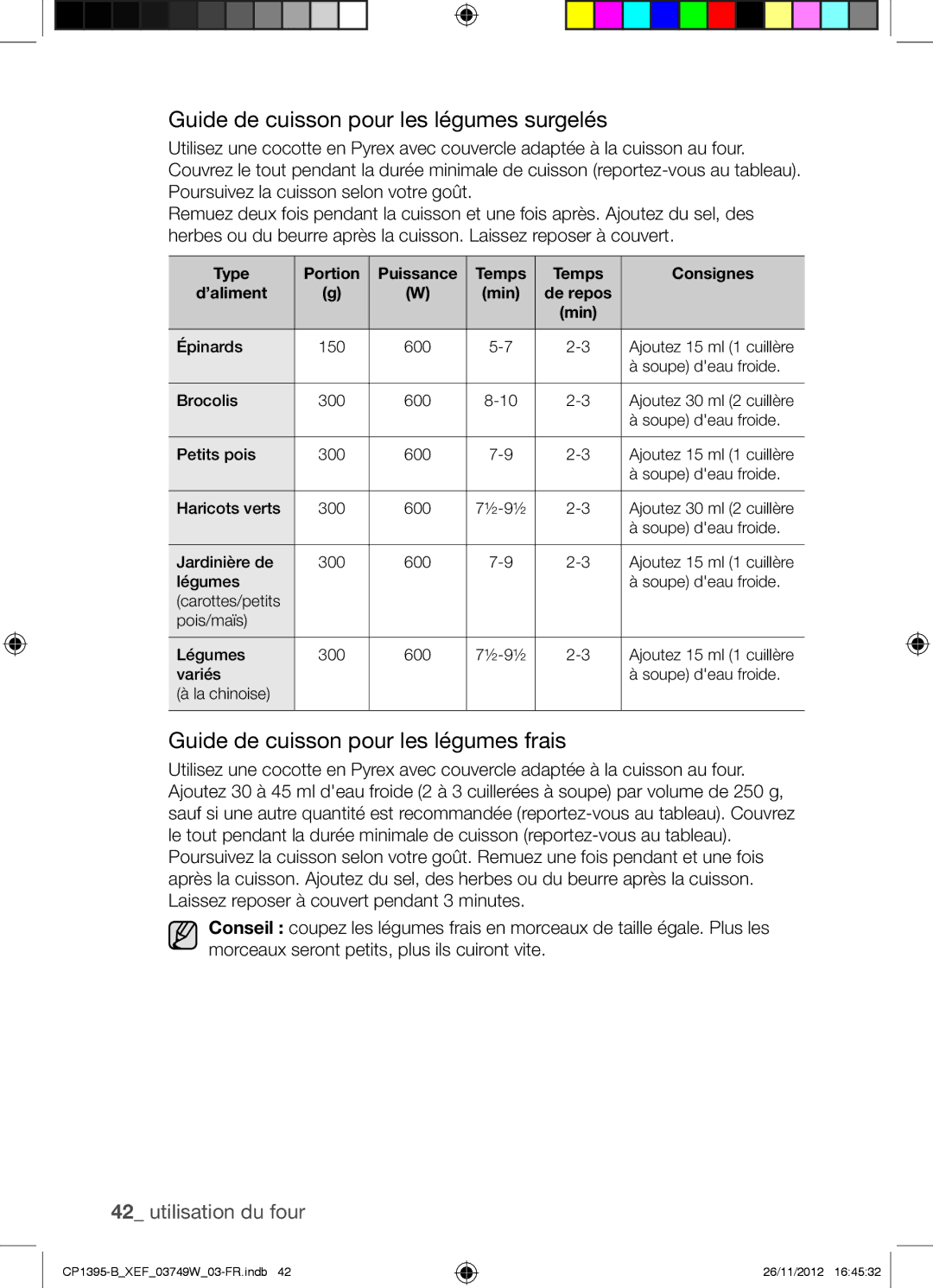 Samsung CP1395-B/XEF manual Guide de cuisson pour les légumes surgelés, Guide de cuisson pour les légumes frais 