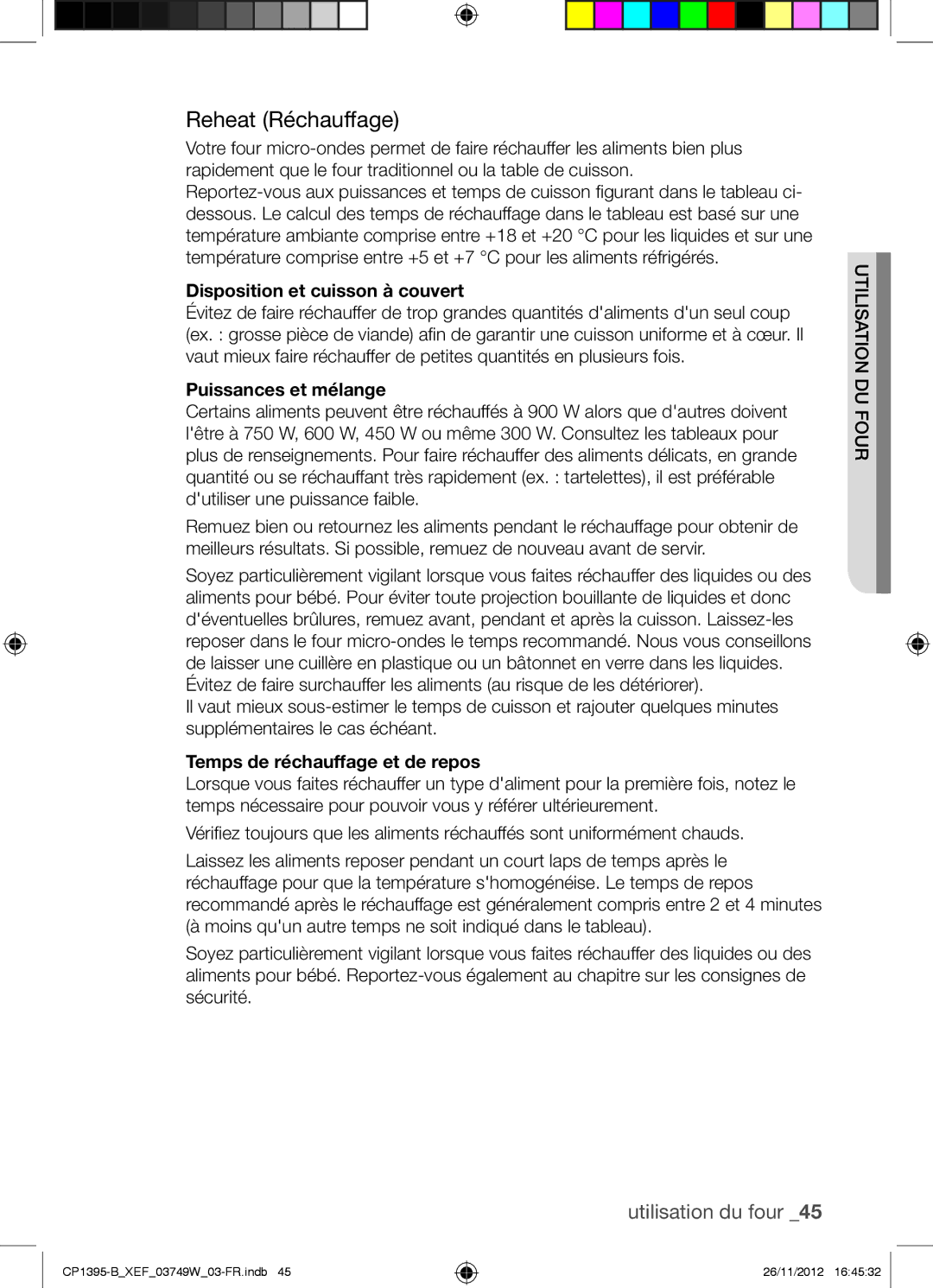 Samsung CP1395-B/XEF manual Reheat Réchauffage, Disposition et cuisson à couvert, Puissances et mélange 