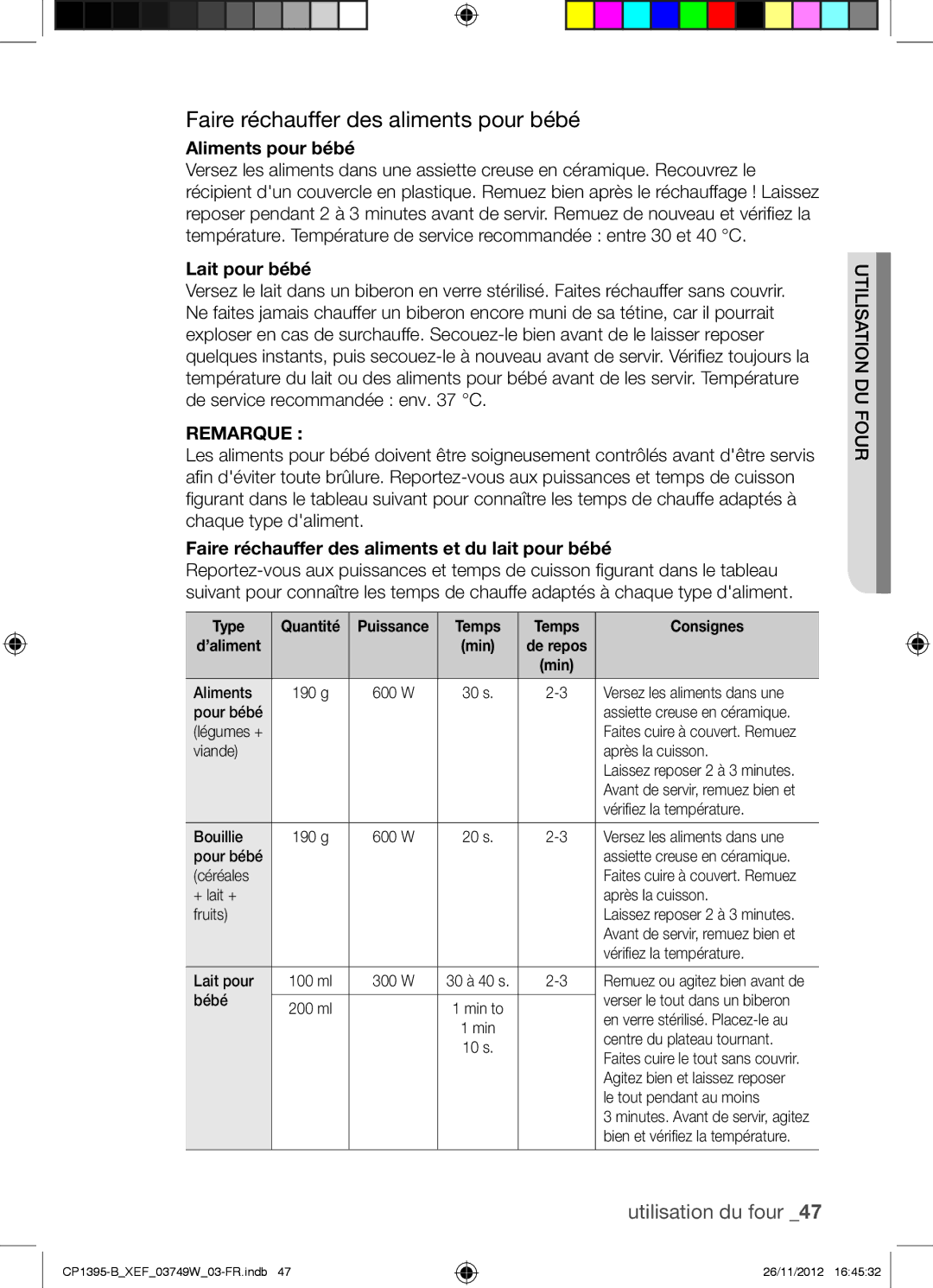 Samsung CP1395-B/XEF manual Faire réchauffer des aliments pour bébé, Aliments pour bébé, Lait pour bébé 