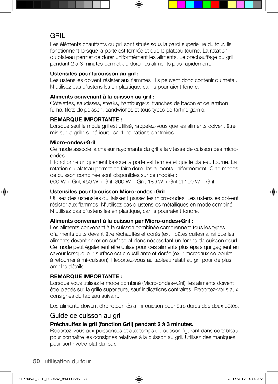 Samsung CP1395-B/XEF manual Guide de cuisson au gril 