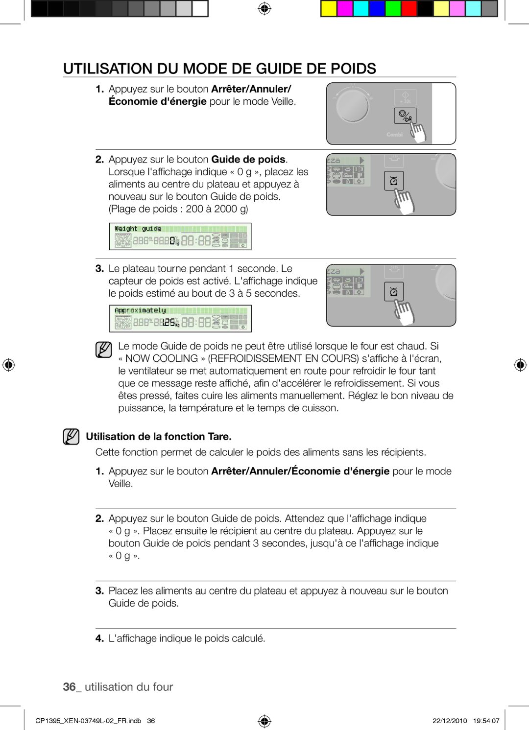 Samsung CP1395-S/XEN manual Utilisation du mode de guide de poids, Utilisation de la fonction Tare 