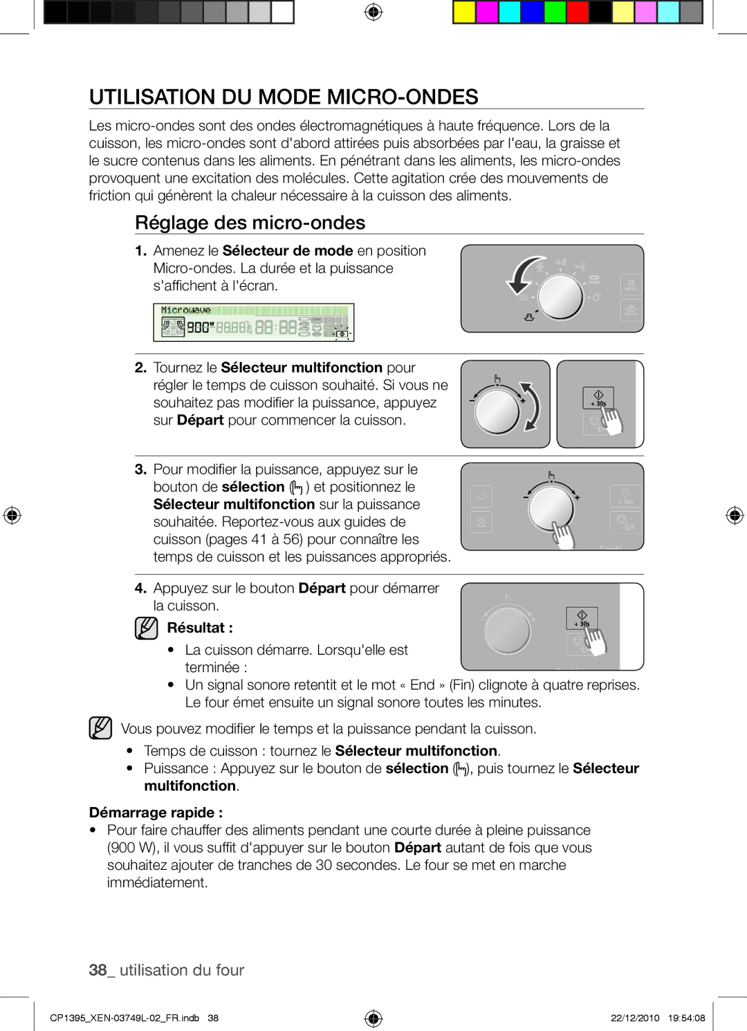 Samsung CP1395-S/XEN manual Utilisation du mode Micro-ondes, Réglage des micro-ondes, Résultat, Démarrage rapide 