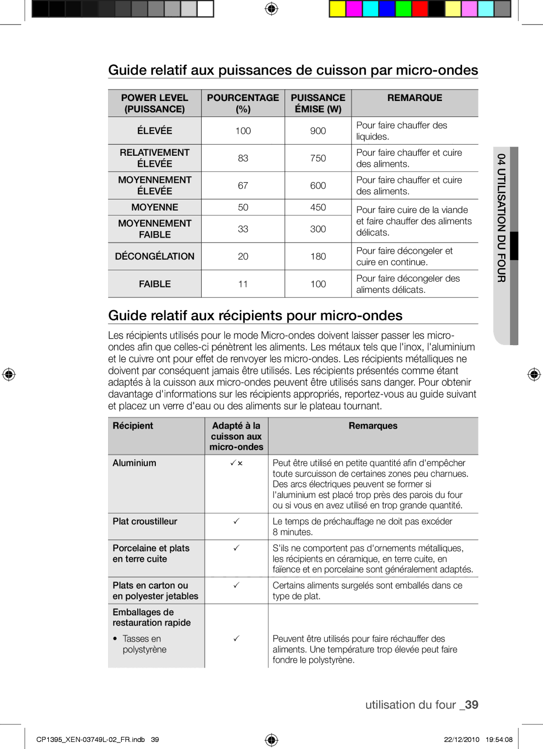 Samsung CP1395-S/XEN manual Guide relatif aux puissances de cuisson par micro-ondes, Récipient Adapté à la Remarques 