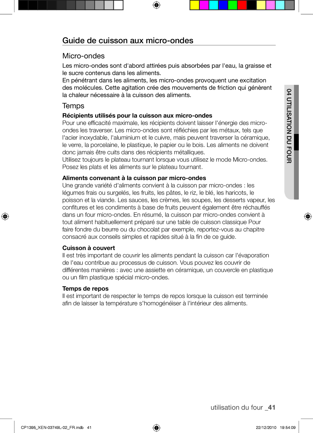 Samsung CP1395-S/XEN manual Guide de cuisson aux micro-ondes, Micro-ondes, Temps 