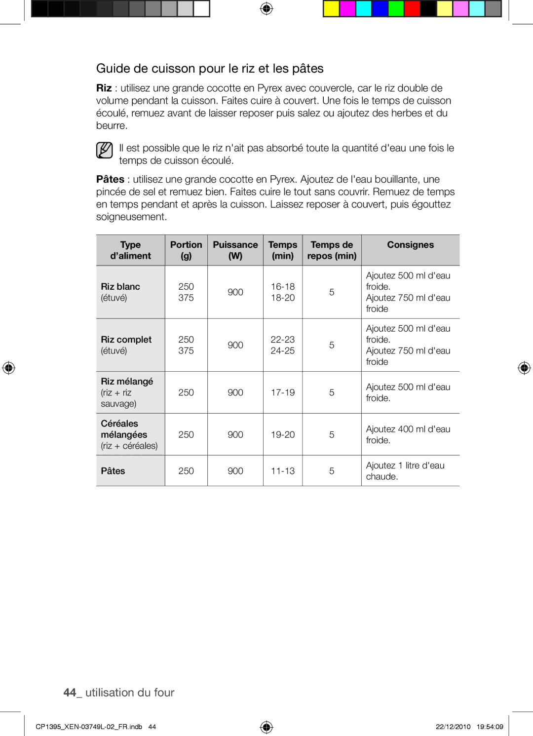 Samsung CP1395-S/XEN Guide de cuisson pour le riz et les pâtes, Type Portion Puissance Temps Temps de Consignes ’aliment 