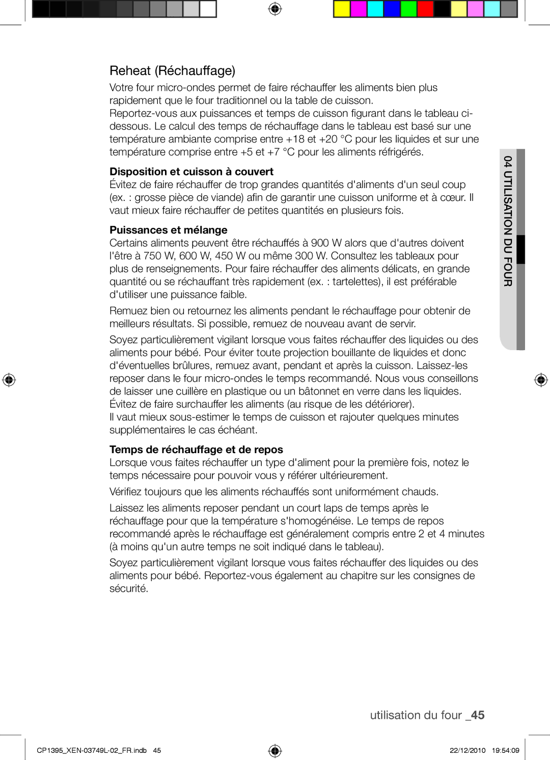 Samsung CP1395-S/XEN manual Reheat Réchauffage, Disposition et cuisson à couvert, Puissances et mélange 