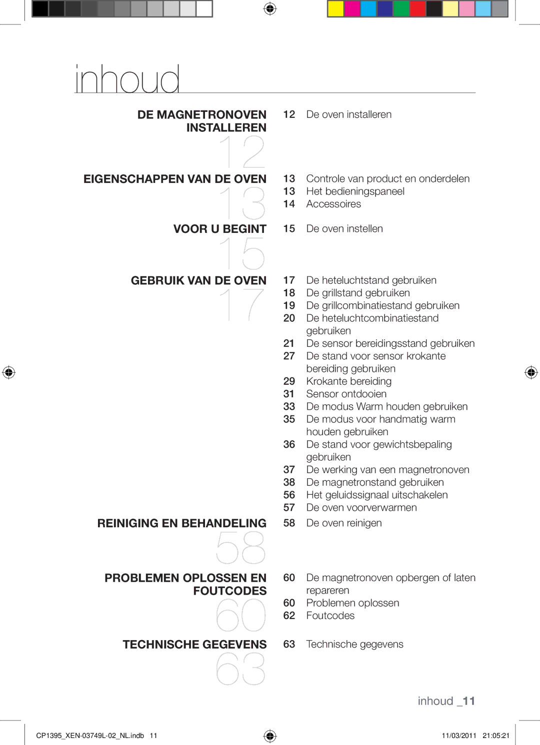 Samsung CP1395-S/XEN manual Inhoud, De oven reinigen 