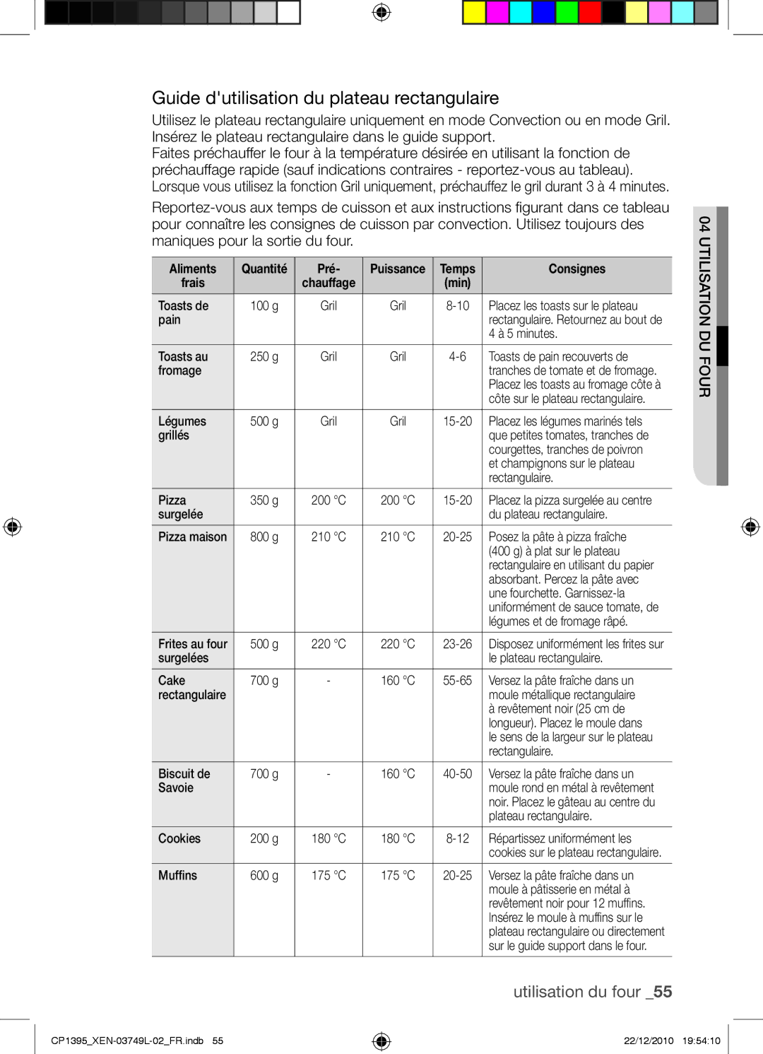 Samsung CP1395-S/XEN manual Guide dutilisation du plateau rectangulaire, Pré 