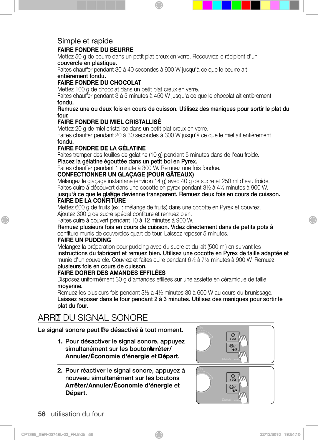 Samsung CP1395-S/XEN manual Arrêt du signal sonore, Simple et rapide 