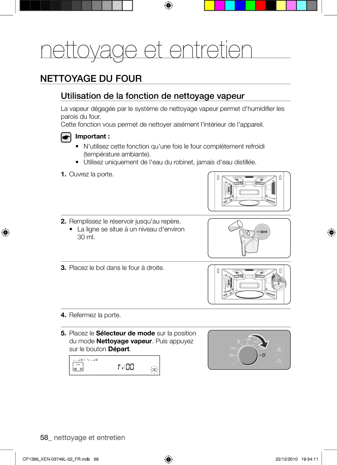 Samsung CP1395-S/XEN manual Nettoyage et entretien, Nettoyage du four, Utilisation de la fonction de nettoyage vapeur 